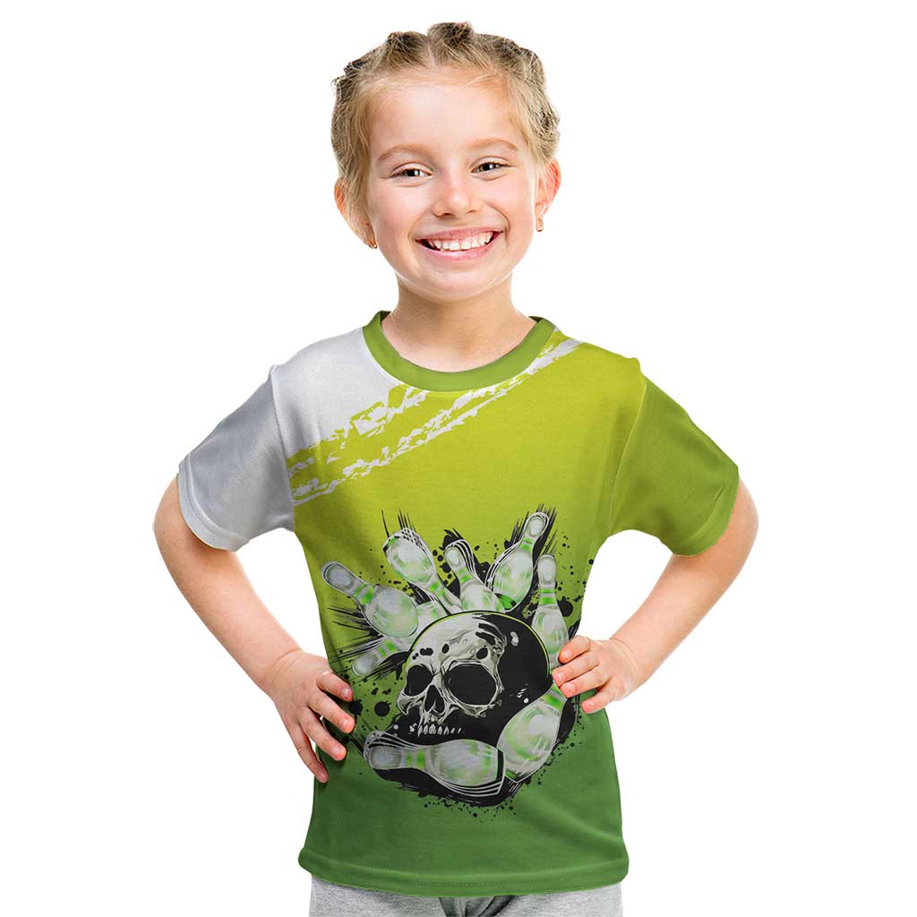 Personalized Skull Bowling Kid T Shirt with Neon Green Strike Design - Edgy Bowler Style - Wonder Print Shop