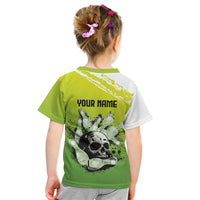 Personalized Skull Bowling Kid T Shirt with Neon Green Strike Design - Edgy Bowler Style - Wonder Print Shop