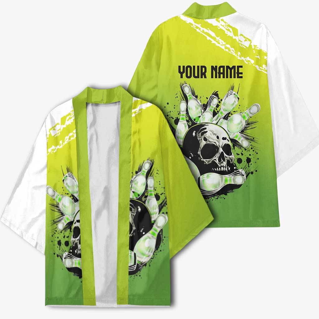 Personalized Skull Bowling Kimono with Neon Green Strike Design - Edgy Bowler Style - Wonder Print Shop