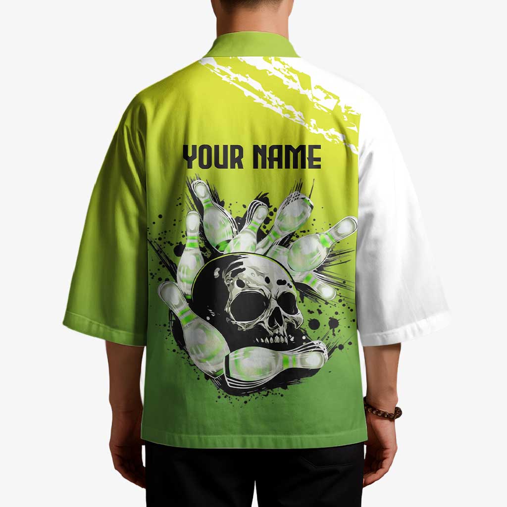 Personalized Skull Bowling Kimono with Neon Green Strike Design - Edgy Bowler Style - Wonder Print Shop