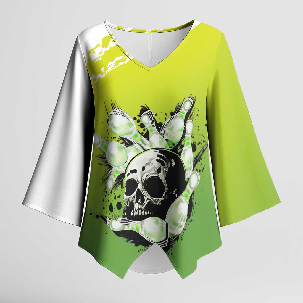 Personalized Skull Bowling Kimono Sleeve Blouse with Neon Green Strike Design - Edgy Bowler Style - Wonder Print Shop