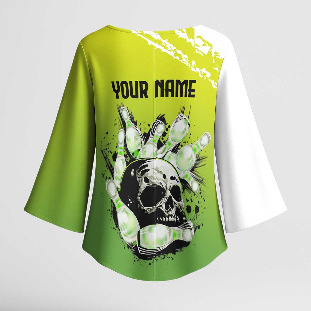 Personalized Skull Bowling Kimono Sleeve Blouse with Neon Green Strike Design - Edgy Bowler Style - Wonder Print Shop