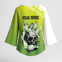 Personalized Skull Bowling Kimono Sleeve Blouse with Neon Green Strike Design - Edgy Bowler Style - Wonder Print Shop