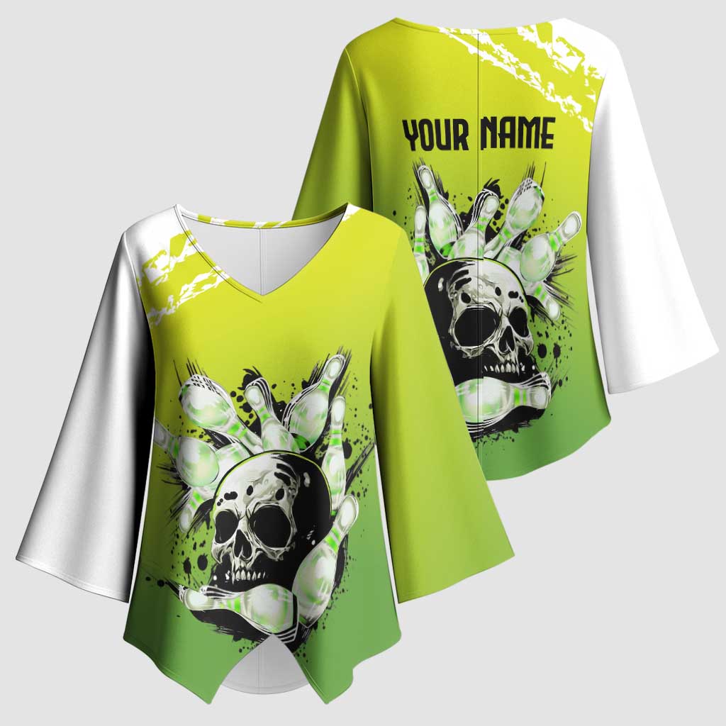 Personalized Skull Bowling Kimono Sleeve Blouse with Neon Green Strike Design - Edgy Bowler Style - Wonder Print Shop