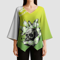 Personalized Skull Bowling Kimono Sleeve Blouse with Neon Green Strike Design - Edgy Bowler Style - Wonder Print Shop