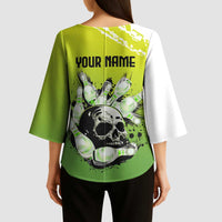 Personalized Skull Bowling Kimono Sleeve Blouse with Neon Green Strike Design - Edgy Bowler Style - Wonder Print Shop