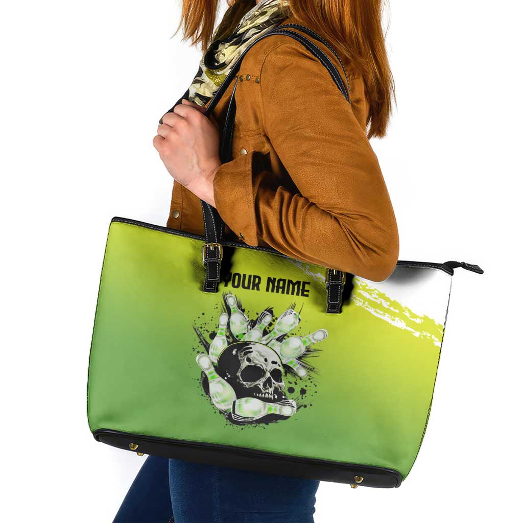 Personalized Skull Bowling Leather Tote Bag with Neon Green Strike Design - Edgy Bowler Style - Wonder Print Shop