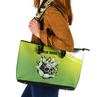 Personalized Skull Bowling Leather Tote Bag with Neon Green Strike Design - Edgy Bowler Style - Wonder Print Shop