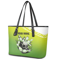 Personalized Skull Bowling Leather Tote Bag with Neon Green Strike Design - Edgy Bowler Style - Wonder Print Shop