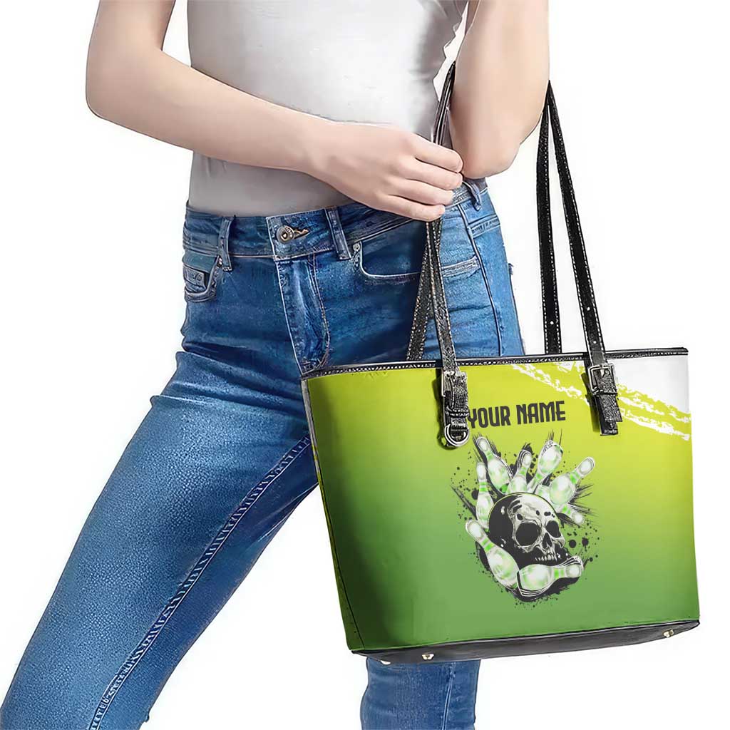 Personalized Skull Bowling Leather Tote Bag with Neon Green Strike Design - Edgy Bowler Style - Wonder Print Shop