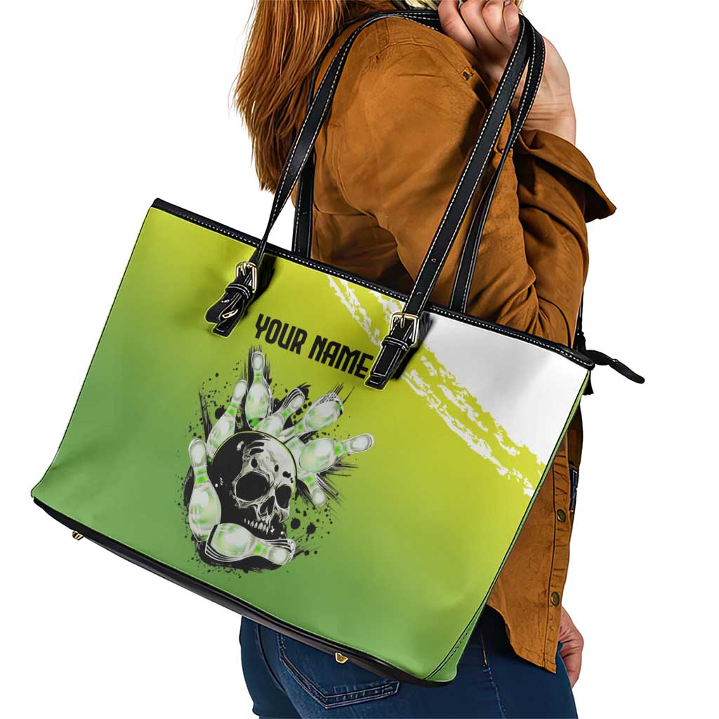 Personalized Skull Bowling Leather Tote Bag with Neon Green Strike Design - Edgy Bowler Style - Wonder Print Shop