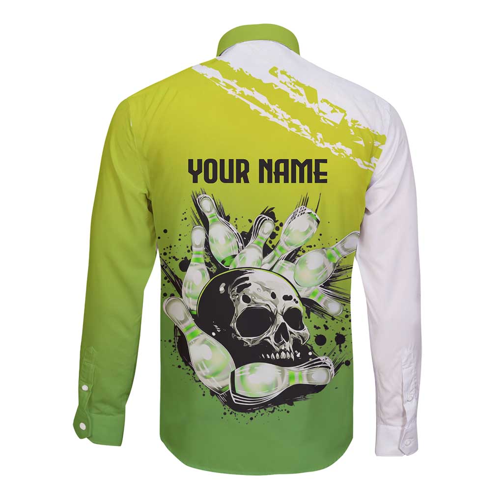 Personalized Skull Bowling Long Sleeve Button Shirt with Neon Green Strike Design - Edgy Bowler Style - Wonder Print Shop