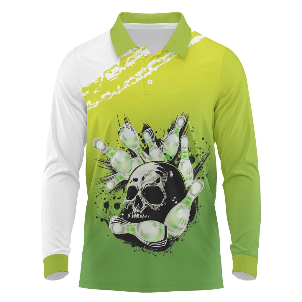 Personalized Skull Bowling Long Sleeve Polo Shirt with Neon Green Strike Design - Edgy Bowler Style - Wonder Print Shop