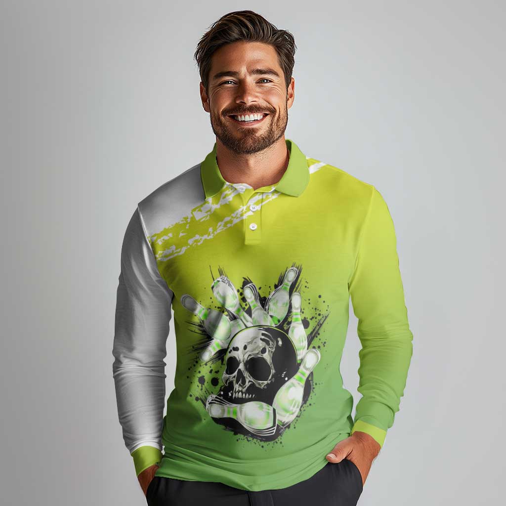 Personalized Skull Bowling Long Sleeve Polo Shirt with Neon Green Strike Design - Edgy Bowler Style - Wonder Print Shop