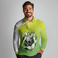 Personalized Skull Bowling Long Sleeve Polo Shirt with Neon Green Strike Design - Edgy Bowler Style - Wonder Print Shop