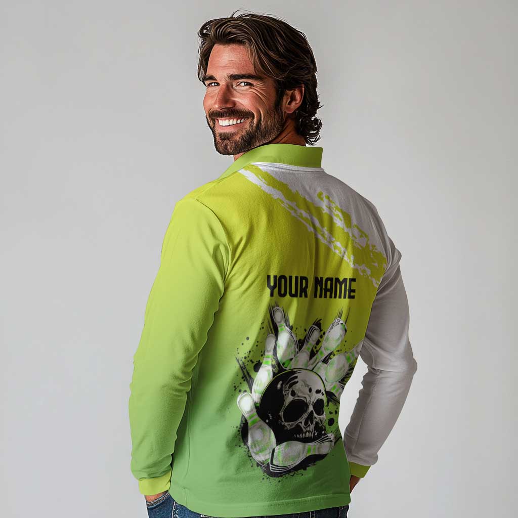 Personalized Skull Bowling Long Sleeve Polo Shirt with Neon Green Strike Design - Edgy Bowler Style - Wonder Print Shop