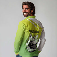 Personalized Skull Bowling Long Sleeve Polo Shirt with Neon Green Strike Design - Edgy Bowler Style - Wonder Print Shop