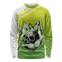 Personalized Skull Bowling Long Sleeve Shirt with Neon Green Strike Design - Edgy Bowler Style - Wonder Print Shop