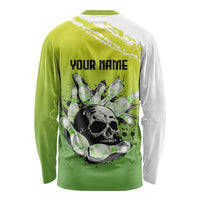 Personalized Skull Bowling Long Sleeve Shirt with Neon Green Strike Design - Edgy Bowler Style - Wonder Print Shop
