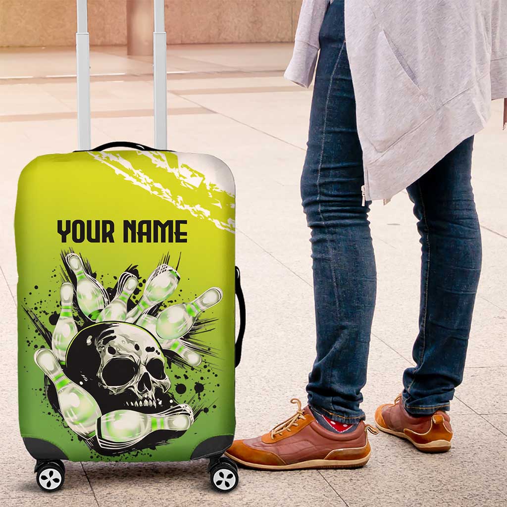 Personalized Skull Bowling Luggage Cover with Neon Green Strike Design - Edgy Bowler Style - Wonder Print Shop