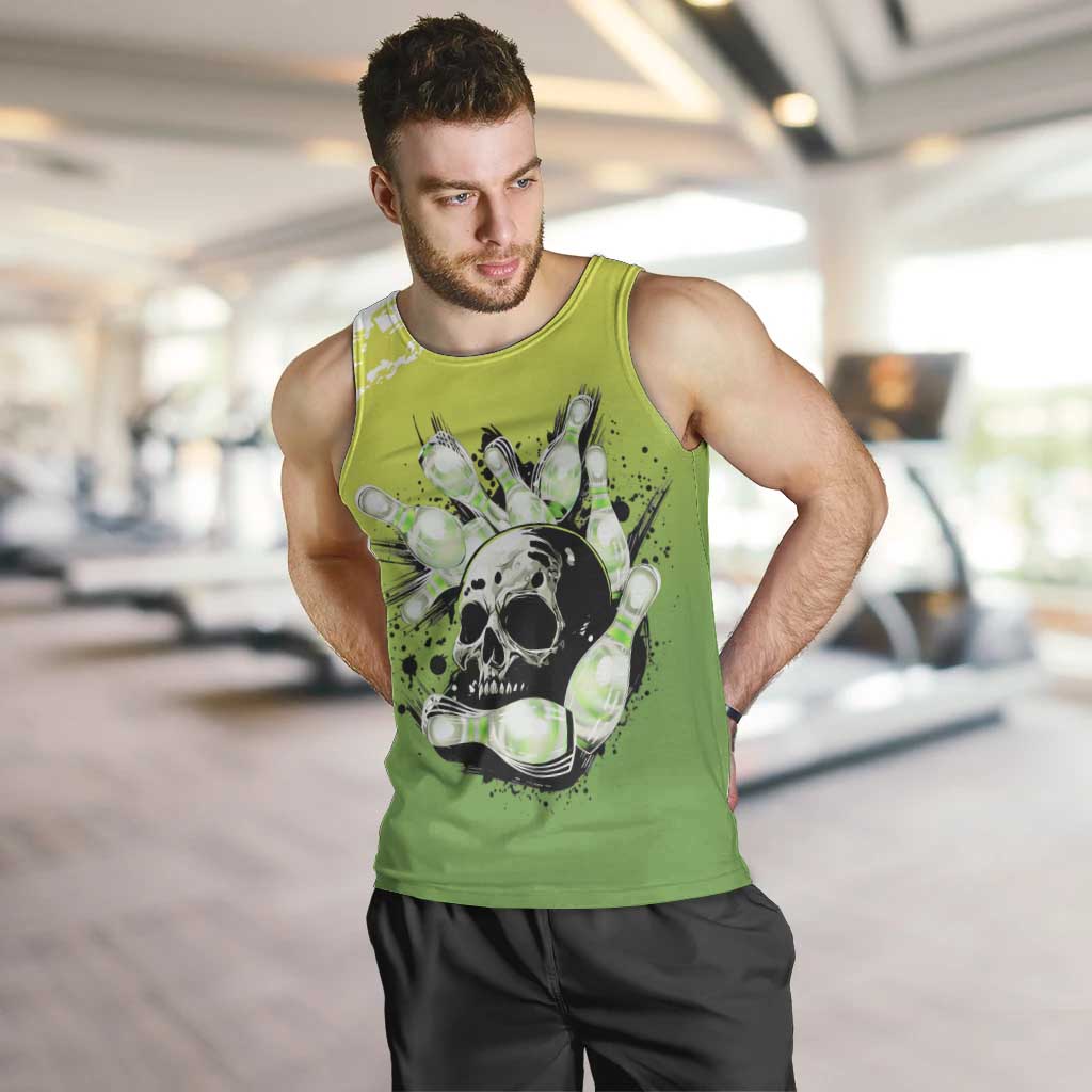 Personalized Skull Bowling Men Tank Top with Neon Green Strike Design - Edgy Bowler Style - Wonder Print Shop