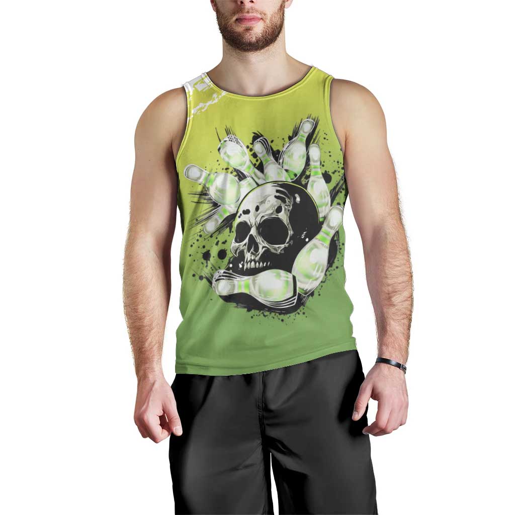 Personalized Skull Bowling Men Tank Top with Neon Green Strike Design - Edgy Bowler Style - Wonder Print Shop