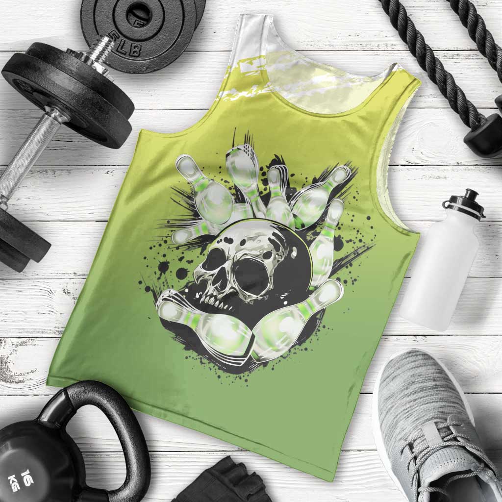 Personalized Skull Bowling Men Tank Top with Neon Green Strike Design - Edgy Bowler Style - Wonder Print Shop