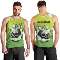 Personalized Skull Bowling Men Tank Top with Neon Green Strike Design - Edgy Bowler Style - Wonder Print Shop