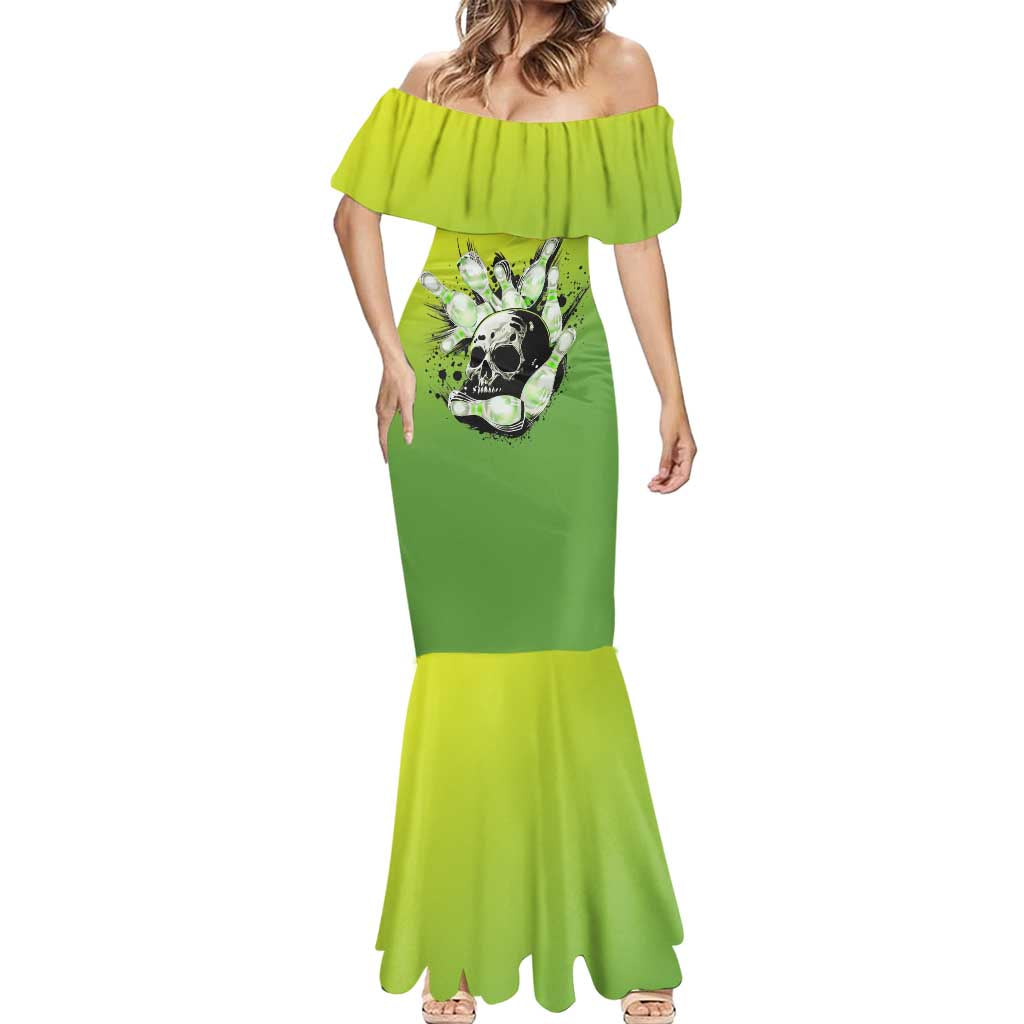 Personalized Skull Bowling Mermaid Dress with Neon Green Strike Design - Edgy Bowler Style - Wonder Print Shop