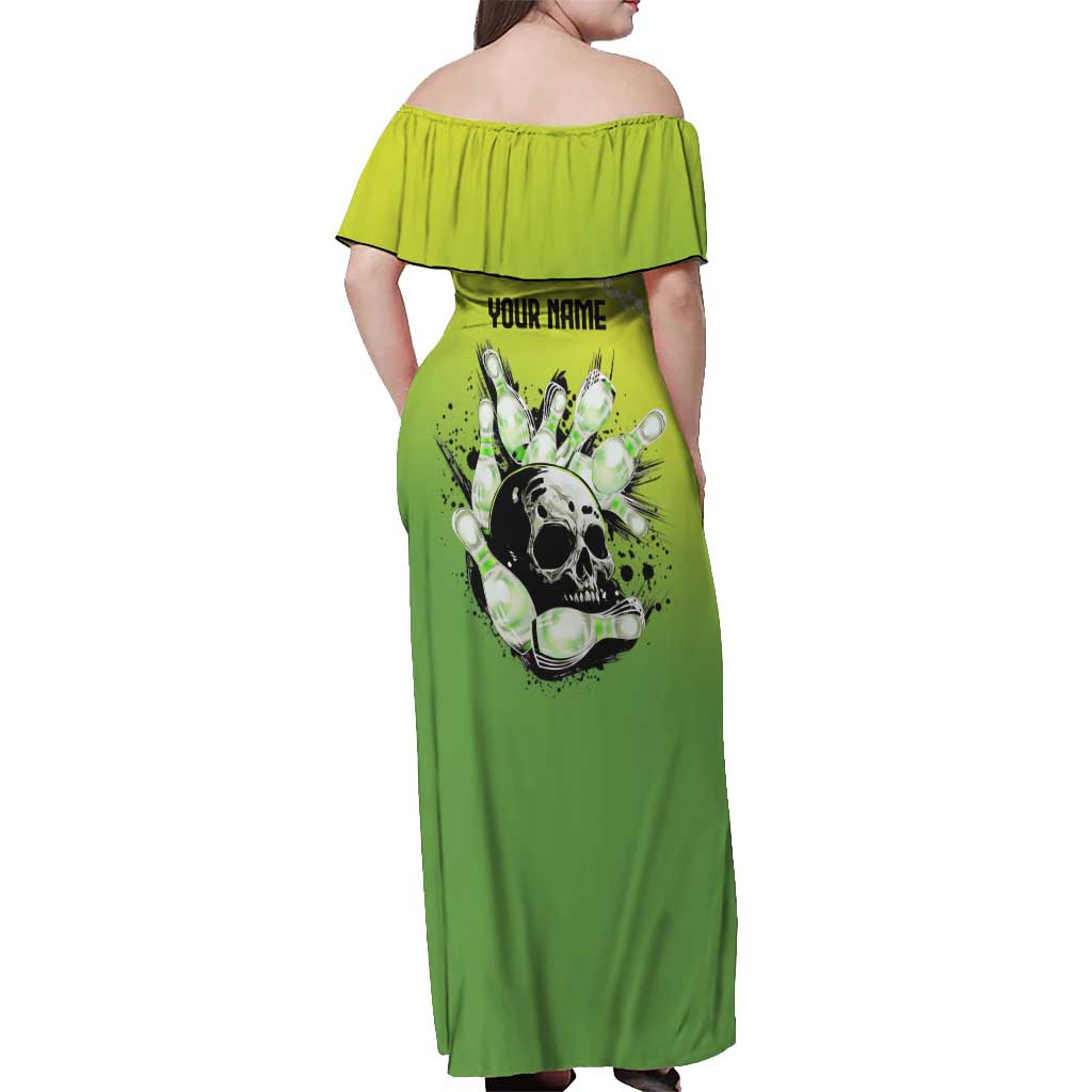 Personalized Skull Bowling Off Shoulder Maxi Dress with Neon Green Strike Design - Edgy Bowler Style - Wonder Print Shop
