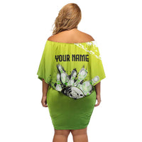 Personalized Skull Bowling Off Shoulder Short Dress with Neon Green Strike Design - Edgy Bowler Style - Wonder Print Shop