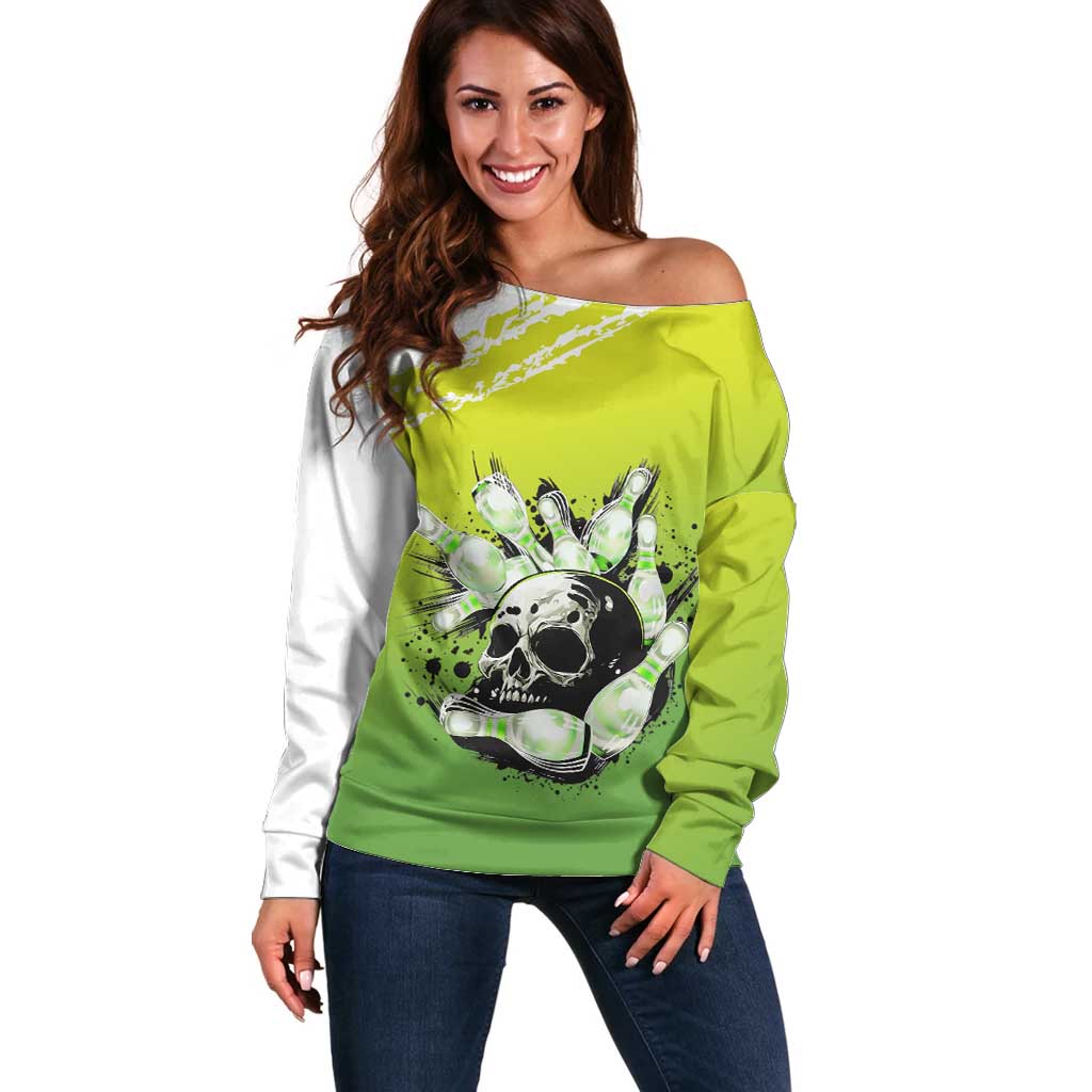 Personalized Skull Bowling Off Shoulder Sweater with Neon Green Strike Design - Edgy Bowler Style - Wonder Print Shop