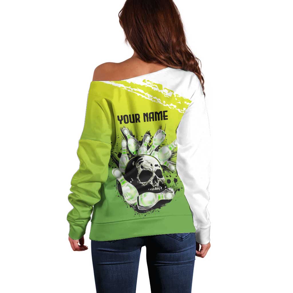 Personalized Skull Bowling Off Shoulder Sweater with Neon Green Strike Design - Edgy Bowler Style - Wonder Print Shop