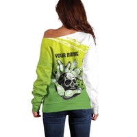 Personalized Skull Bowling Off Shoulder Sweater with Neon Green Strike Design - Edgy Bowler Style - Wonder Print Shop