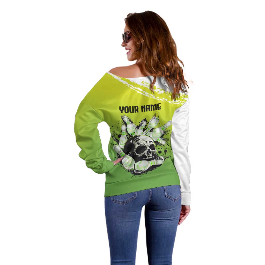 Personalized Skull Bowling Off Shoulder Sweater with Neon Green Strike Design - Edgy Bowler Style - Wonder Print Shop