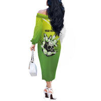 Personalized Skull Bowling Off The Shoulder Long Sleeve Dress with Neon Green Strike Design - Edgy Bowler Style - Wonder Print Shop