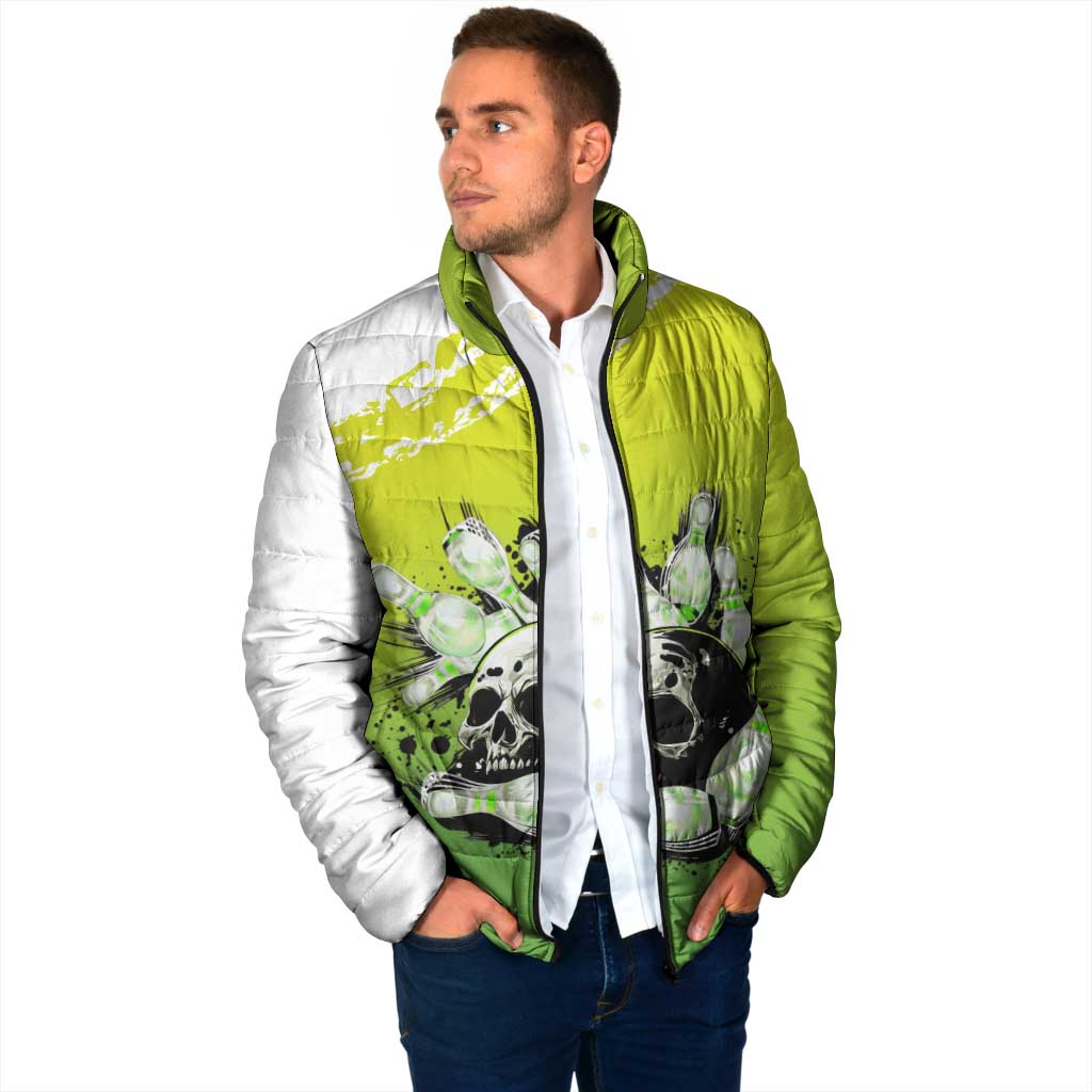 Personalized Skull Bowling Padded Jacket with Neon Green Strike Design - Edgy Bowler Style - Wonder Print Shop