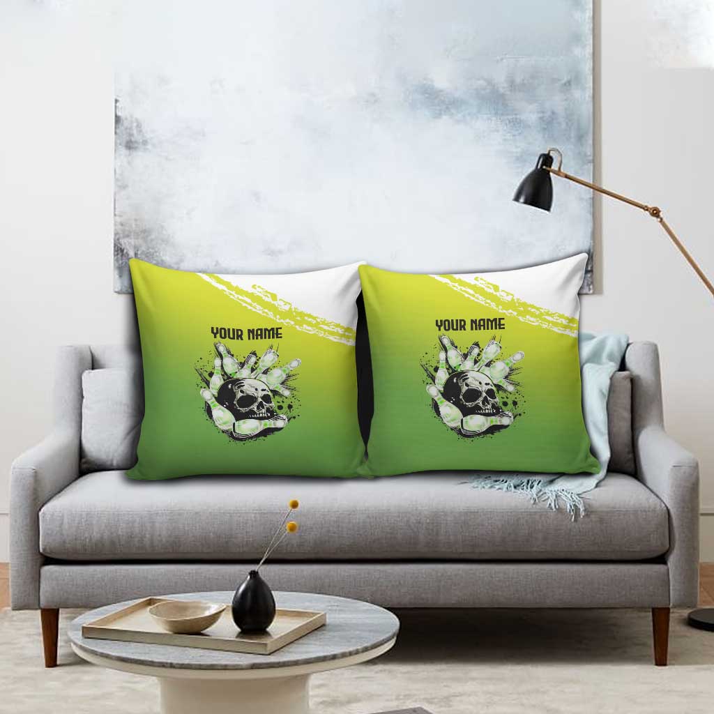 Personalized Skull Bowling Pillow Cover with Neon Green Strike Design - Edgy Bowler Style - Wonder Print Shop