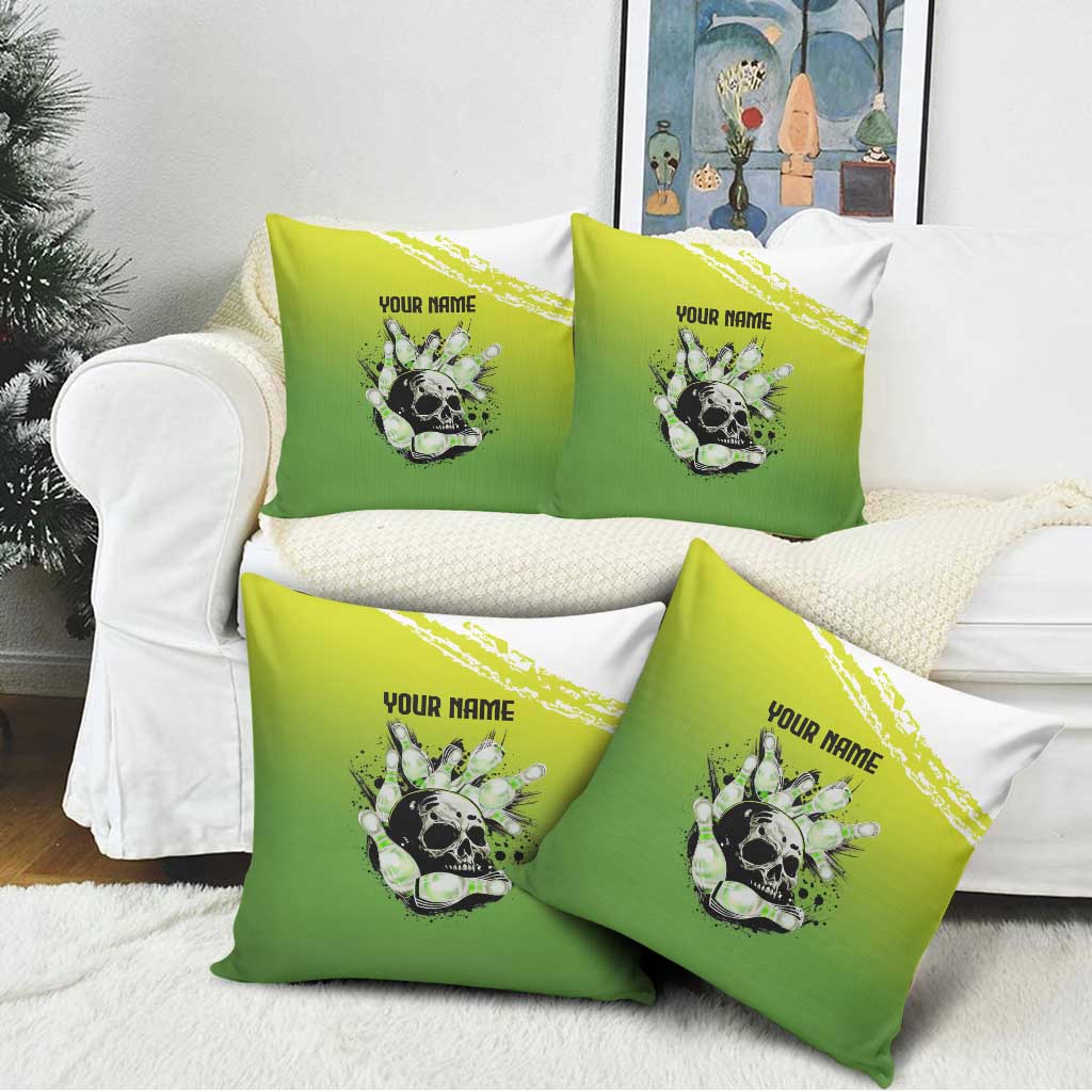 Personalized Skull Bowling Pillow Cover with Neon Green Strike Design - Edgy Bowler Style - Wonder Print Shop