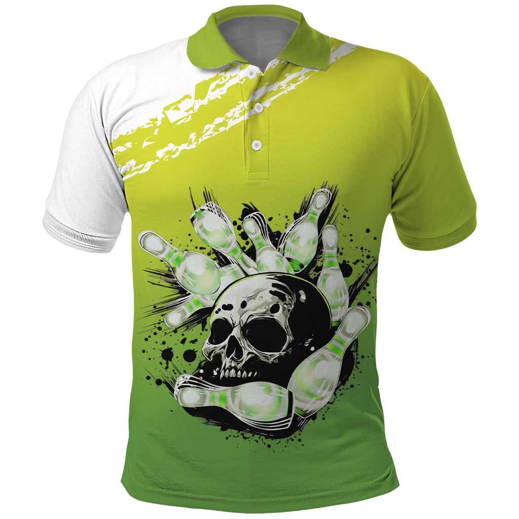Personalized Skull Bowling Polo Shirt with Neon Green Strike Design - Edgy Bowler Style - Wonder Print Shop