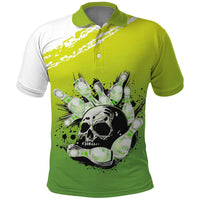 Personalized Skull Bowling Polo Shirt with Neon Green Strike Design - Edgy Bowler Style - Wonder Print Shop