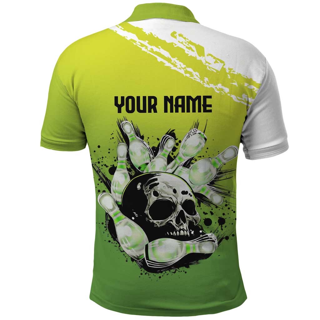 Personalized Skull Bowling Polo Shirt with Neon Green Strike Design - Edgy Bowler Style - Wonder Print Shop