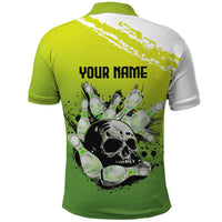 Personalized Skull Bowling Polo Shirt with Neon Green Strike Design - Edgy Bowler Style - Wonder Print Shop