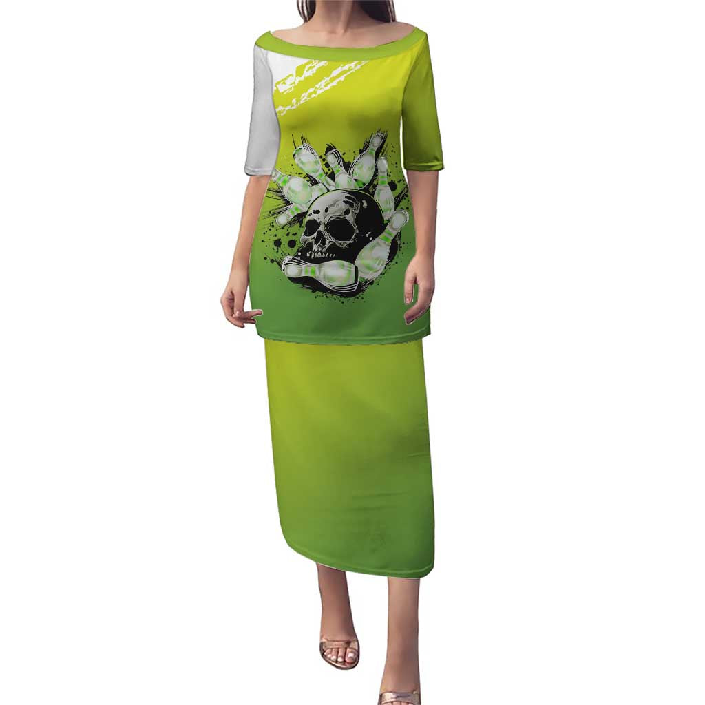 Personalized Skull Bowling Puletasi with Neon Green Strike Design - Edgy Bowler Style - Wonder Print Shop