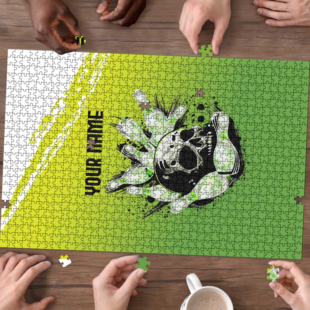 Personalized Skull Bowling Puzzle with Neon Green Strike Design - Edgy Bowler Style - Wonder Print Shop