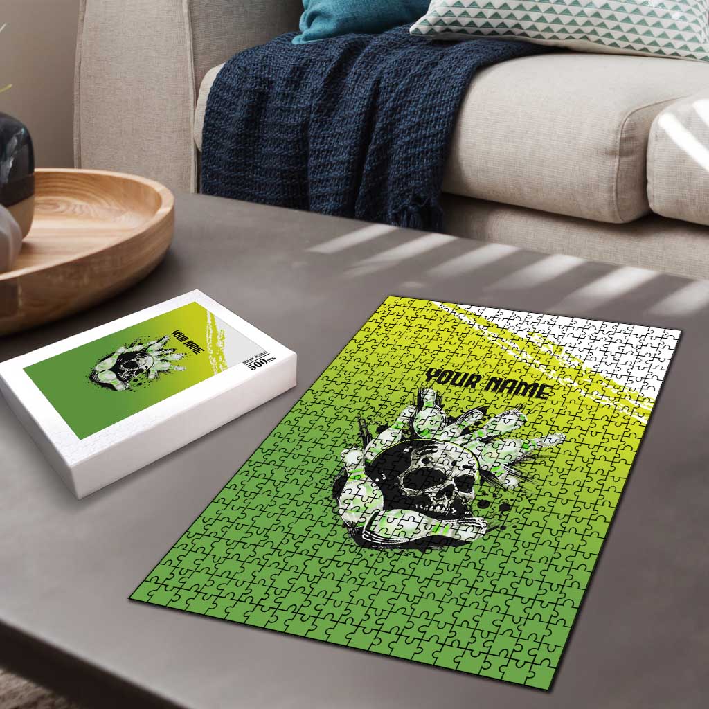 Personalized Skull Bowling Puzzle with Neon Green Strike Design - Edgy Bowler Style - Wonder Print Shop