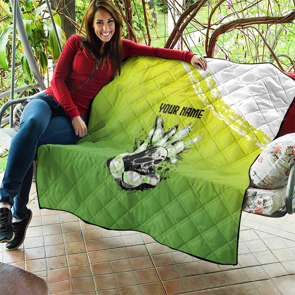 Personalized Skull Bowling Quilt with Neon Green Strike Design - Edgy Bowler Style - Wonder Print Shop