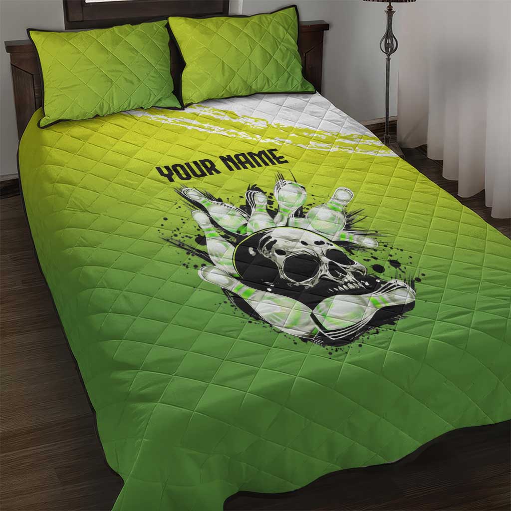 Personalized Skull Bowling Quilt Bed Set with Neon Green Strike Design - Edgy Bowler Style - Wonder Print Shop
