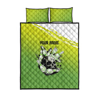Personalized Skull Bowling Quilt Bed Set with Neon Green Strike Design - Edgy Bowler Style - Wonder Print Shop