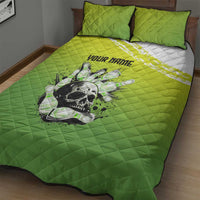 Personalized Skull Bowling Quilt Bed Set with Neon Green Strike Design - Edgy Bowler Style - Wonder Print Shop